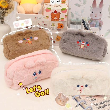cute fluffy pencil cases in brown, gray, pink and white colors
