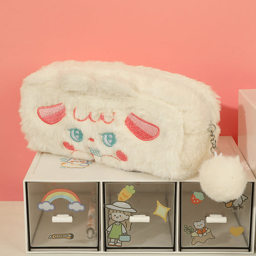 white sheep with pink ear cartoon pencil bag with fluffy ball keychain