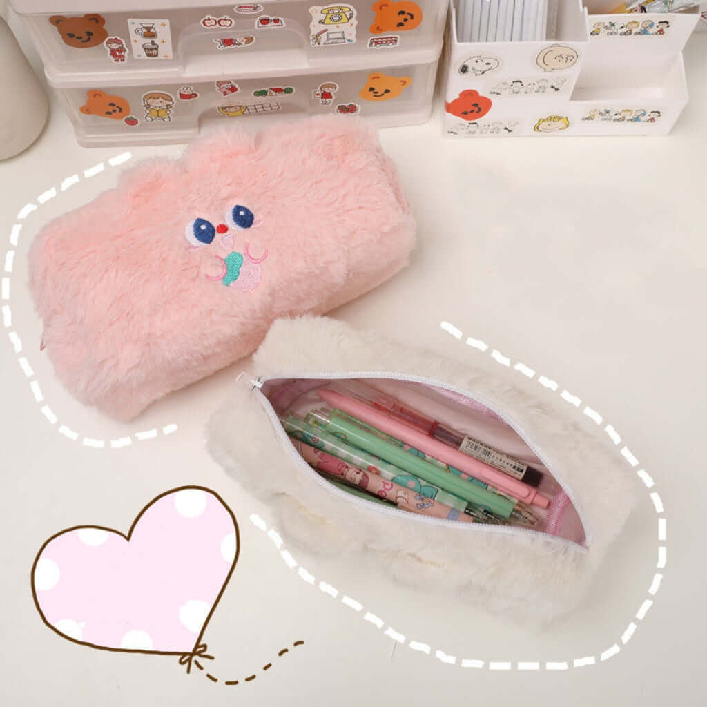 cute pencil case with zipper opened, showcasing large capacity