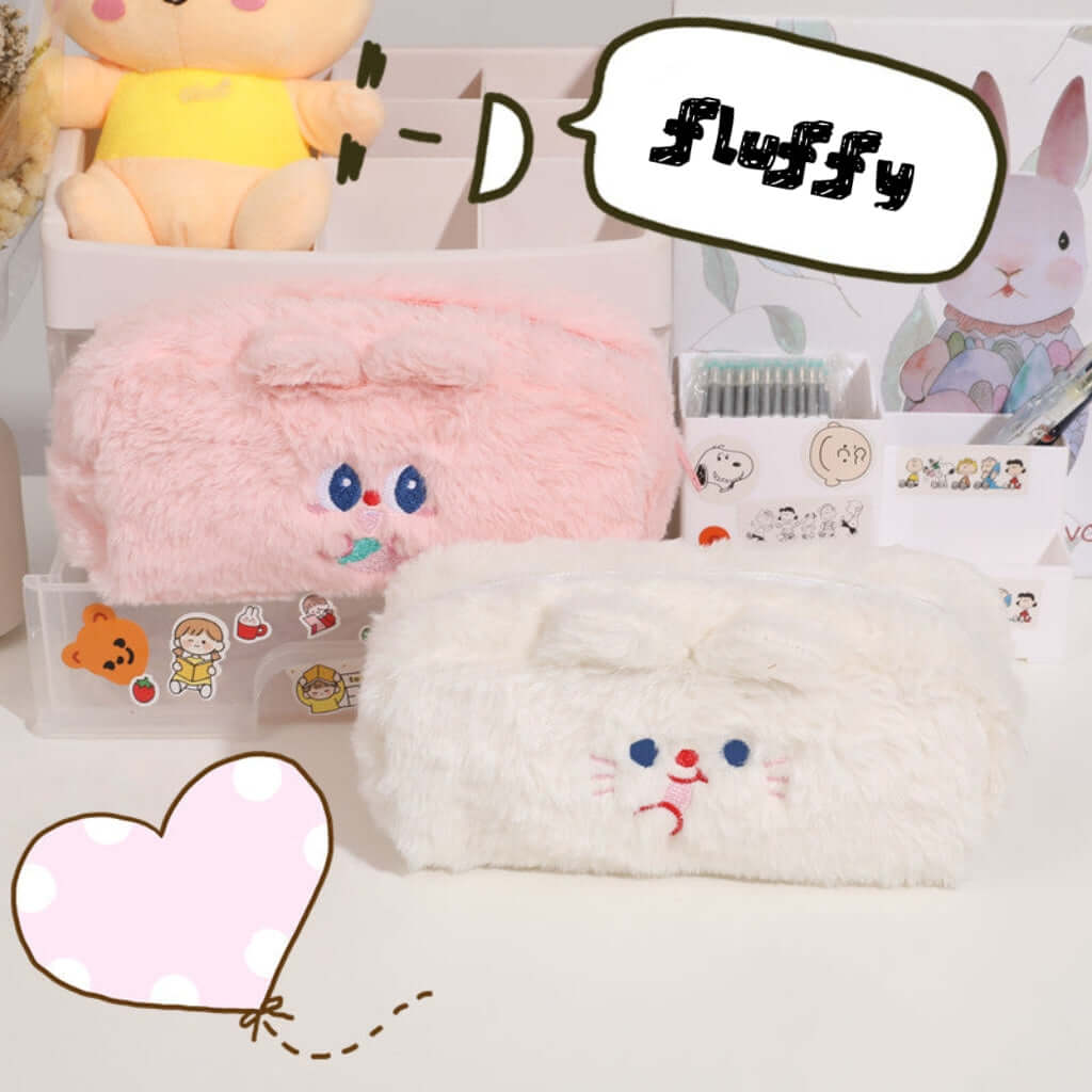 kawaii fluffy pencil bags in pink and white
