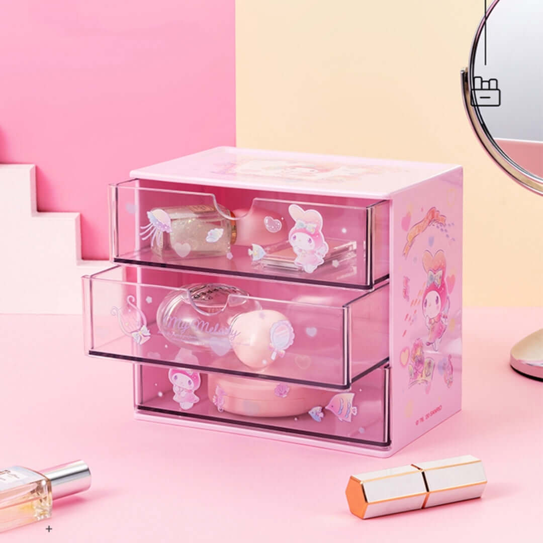 my melody organizer storing makeup items like lipstick, nail polish
