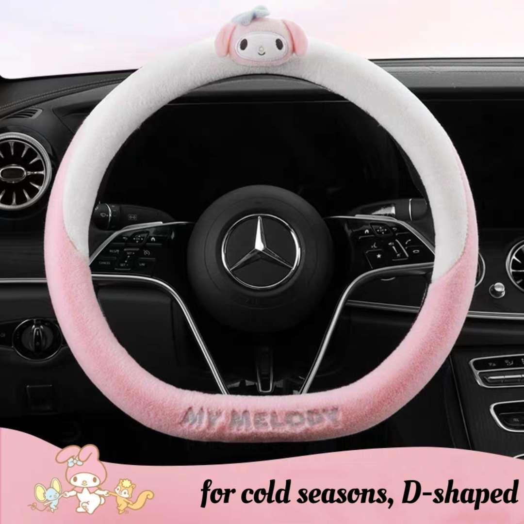 winter my melody d-shaped pink white plush steering wheel cover